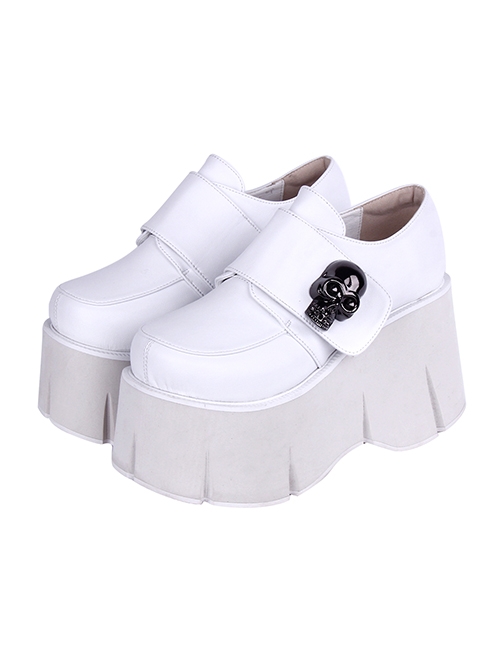 Simple White Thick Bottom Gothic Metal Skull Decoration Cortex Platform Shoes  |  Gothic & Punk Footwear