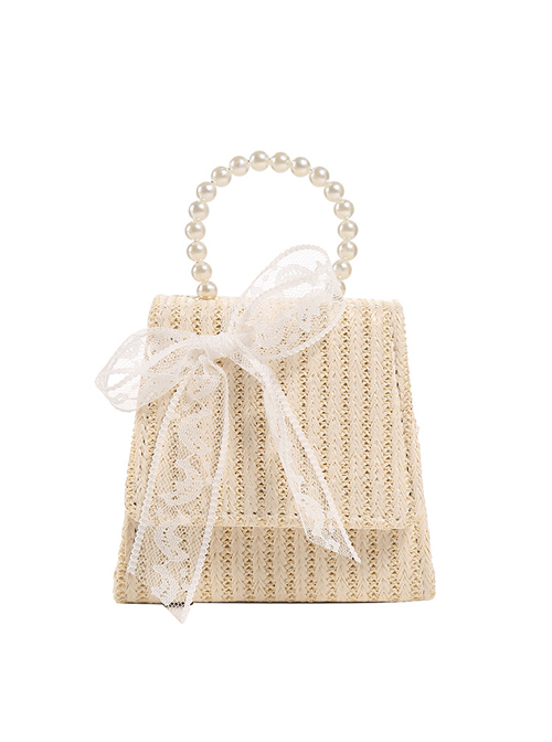 Simplicity White Lace Bowknot Pearl Portable Messenger Children Straw Weaving Bag  |  Kids Bag