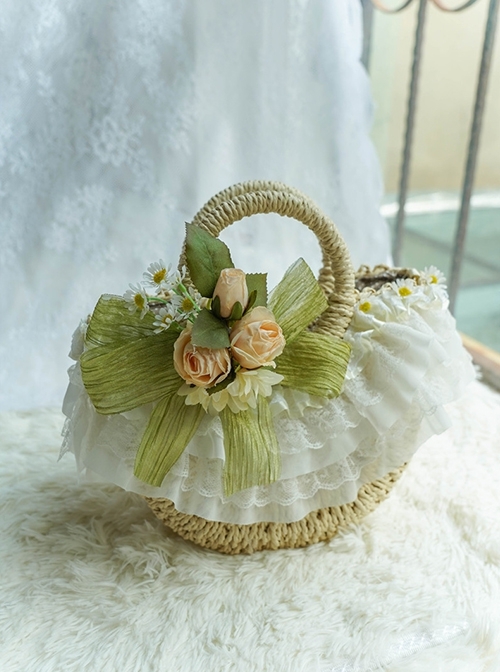 Simulated Daisy Green Leaves Rose Lace Pastoral Style Vacation Satin Bowknot Classic Lolita Straw Handbag  |  Lolita Bags