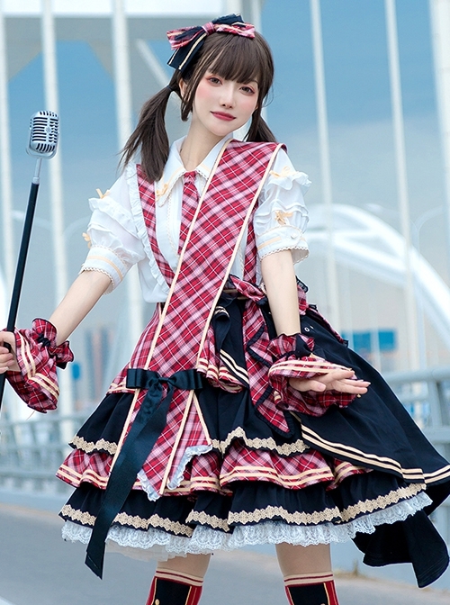 Singing Costume Series Vitality Girl Idol Plaid Ribbon Bowknot Sweet Lolita Short Sleeves Shirt Skirt Full Set  |  Blouses