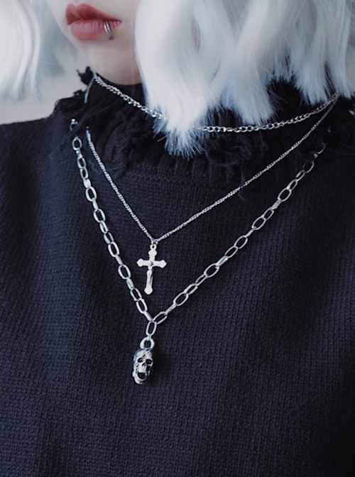 Skull Cross Metal Three Layers Sweater Chain Halloween Punk Lolita Necklace  |  Lolita Necklaces