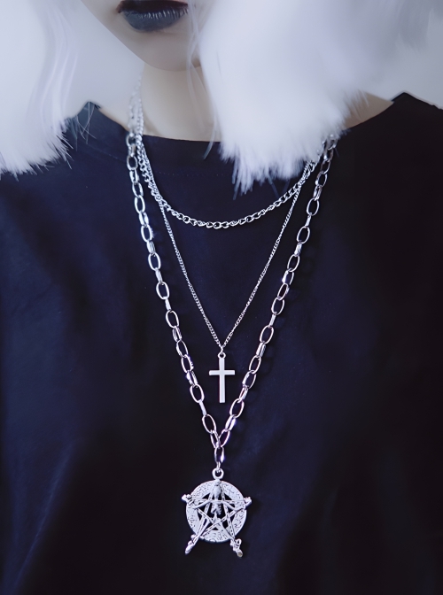 Skull Pentagram Halloween Cross Three Layers Metal Sweater Chain Punk Lolita Necklace  |  Lolita Necklaces