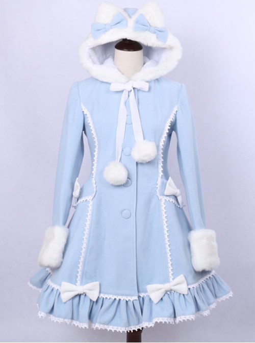 Sky Blue Lace Cute Hooded Sweet Lolita Winter Coat For Women  |  Coat & Jacket