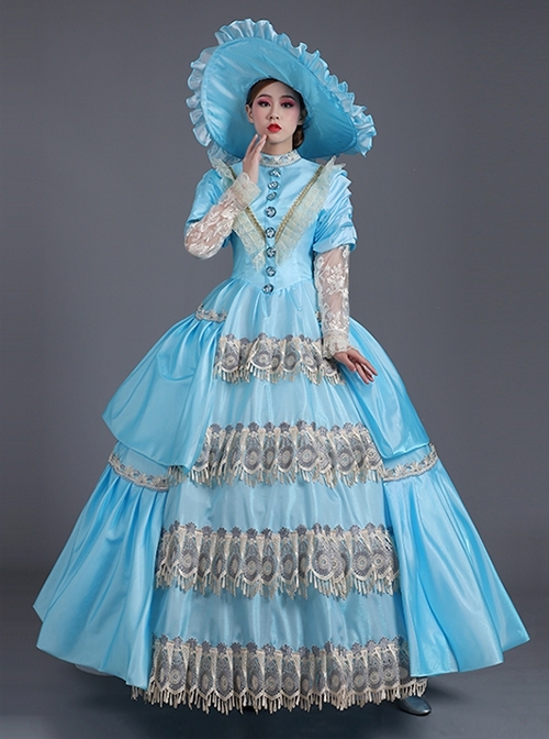 Sky Blue Lace Hollow Out Long Sleeve Round Neck Royal Princess Court Retro Lolita Prom Dress  |  Lolita Prom Dresses