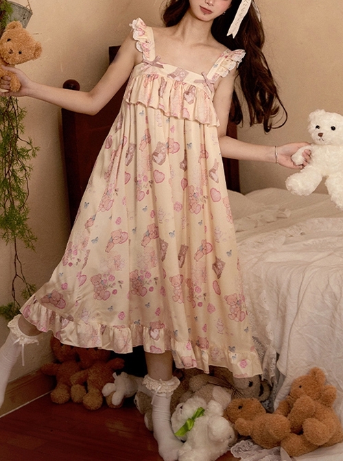 Sleepy Bear Series Apricot Small Flying Sleeve Ruffle Ribbon Suspender Nightdress Loose Sweet Lolita Dress  |  Classic Lolita Dresses