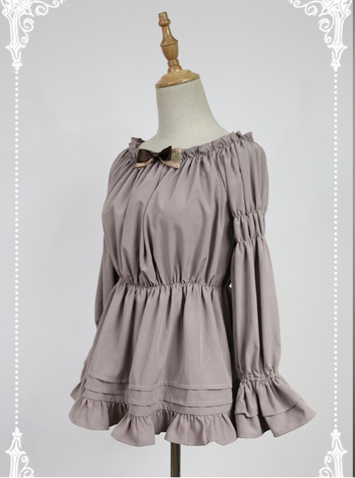 Smoke-grey Flare Sleeve Long Sleeve Bowknot Lolita Blouse  |  Blouses