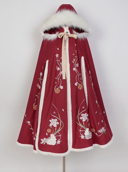 Snow Rabbit Series Chinese Style Improved Hanfu Winter Warm Embroidered Lacing Hooded Cloak Classic Lolita Cloak  |  Coat & Jacket