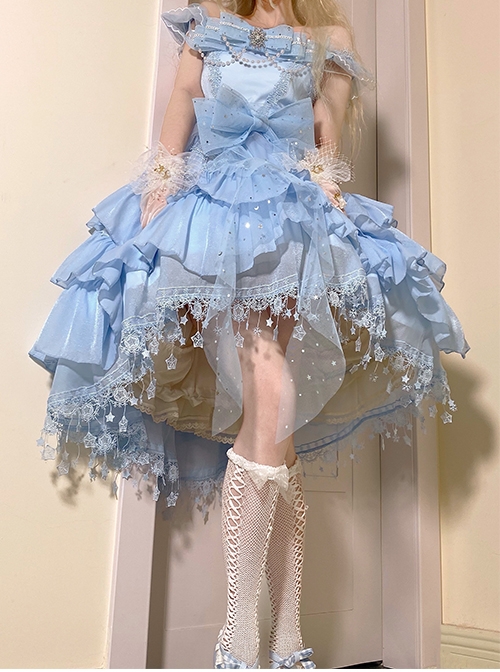 Snow Series JSK Solid Color Layered Pleated Lace Jacquard Star Embroidery Hem Bow Knot Decoration Sequin Pearl Classic Lolita Dress  |  Classic Lolita Dresses