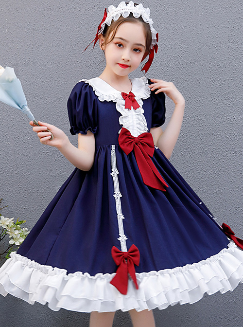 Snow White Children Classic Lolita Red Bowknot Navy Blue Short Sleeve Dress  |  Kids Dresses