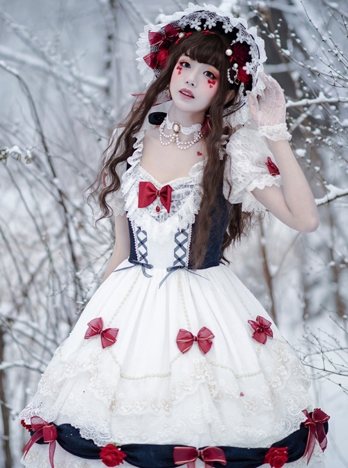 Snow White Series OP Bow Decoration Cross-Tie Rope Mesh Crinkle Lace Embellished Rose Flower Classic Lolita Dress Set  |  Classic Lolita Dresses