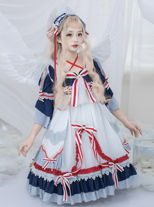 Snow White Series OP Navy Palace Style Classic Lolita Short Sleeve Dress  |  Classic Lolita Dresses