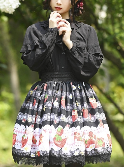 Soft Cute Strawberry Bear Crown Print Pleated Lace Ruffles Sweet Lolita Skirt  |  Skirts