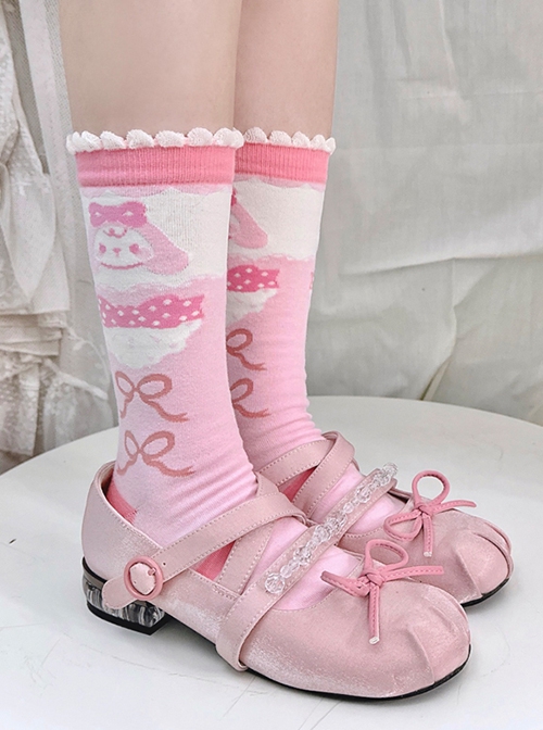 Soft Girl Pink Strawberry Bunny Ribbon Bowknot Polka Dots Print Sweet Lolita Middle Tube Socks  |  Lolita Socks