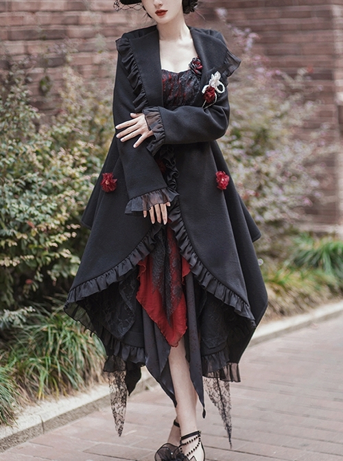 Solid Color Autumn Winter Thickened Irregular Hem Detachable Flower Gothic Lolita Long Sleeve Coat  |  Coat & Jacket