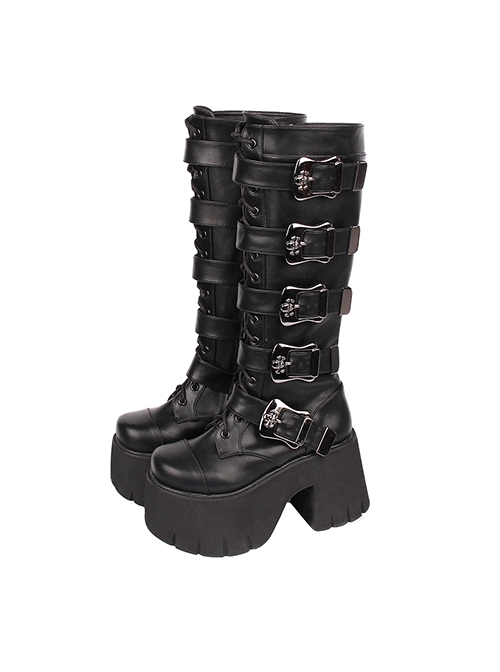 Solid Color Big Round Head Punk Style Belt Metal Square Skull Decoration Zip-Up High Boots  |  Gothic & Punk Footwear