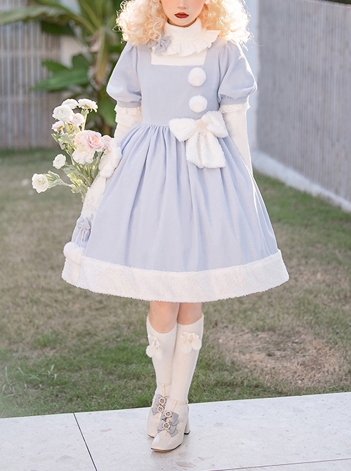 Solid Color Cute Daily Warm Plush Bow-Knot Long Sleeve Blouses Classic Lolita Short Sleeve Dress Set  |  Classic Lolita Dresses