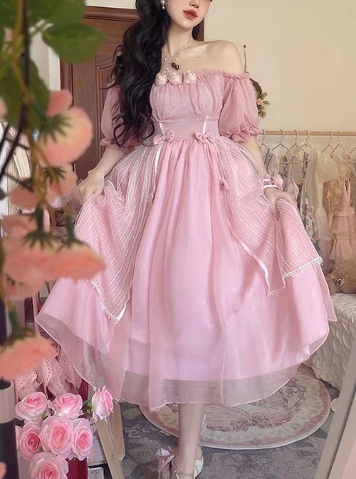 Solid Color Cutout Off Shoulder Puff Sleeve Bow Elegant Daily Classic Lolita Short Sleeve Dress  |  Classic Lolita Dresses