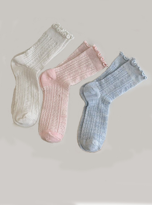 Solid Color Hollow Mesh Ruffle Design Comfortable Breathable Summer Classic Lolita Short Socks  |  Lolita Socks