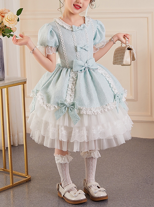 Solid Color Jacquard Round Neck Court Style Kids Puff Sleeve Bow Sweet Lolita Dress  |  Kids Dresses