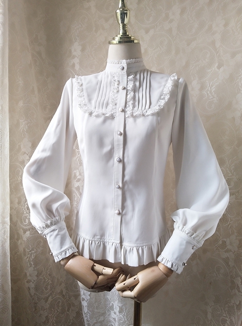 Solid Color Lace Stand Collar Daily Classic Lolita All-Match Spring Autumn Long-Sleeved Shirt  |  Blouses