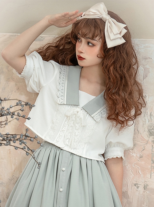 Solid Exquisite Lace Jacquard Embroidery Design V-Neck Bow Knot Lantern Sleeve Classic Lolita White Blouse  |  Blouses