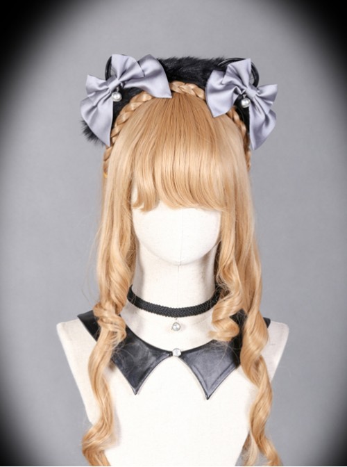 Sorceress Luna Series Black And Grey Bowknot Cat Ear Lolita Head Band  |  Lolita Headbands