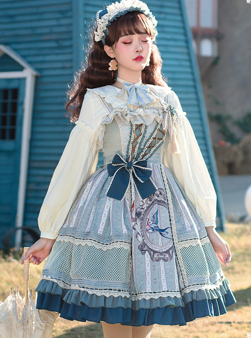 Sparrows In The Mirror Series JSK Type I Light Blue Retro Pastoral Style Sweet Lolita Sling Dress  |  Sweet Lolita Dresses