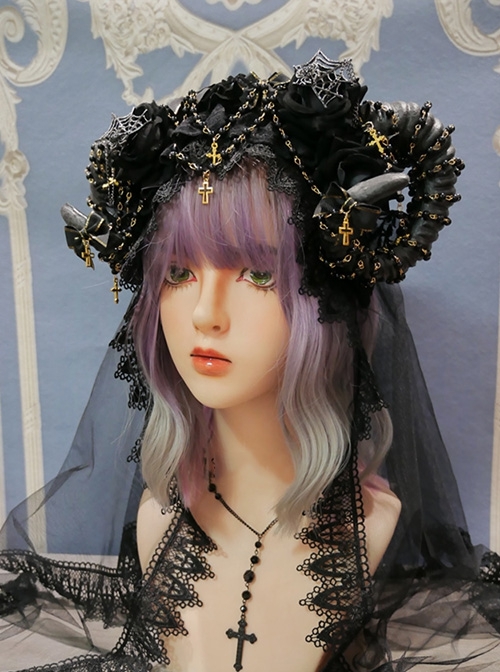 Spider Lair Series Rose Spider Web Halloween Cross Bead Chain Decoration Gothic Lolita Ornate Devil Horn Headband  |  Lolita Headbands