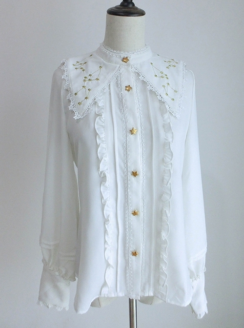 Spring Autumn Gold Thread Constellation Embroidery Lace Lapel Exquisite Star Buttons Simple JK Uniform Classic Lolita Long-Sleeved Shirt  |  Blouses