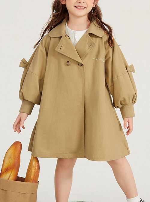 Spring Autumn Mid-Length British Style Khaki Sweet Bowknot Lantern Sleeves Loose Casual School Lolita Kids Long-Sleeved Coat  |  Kids Coat