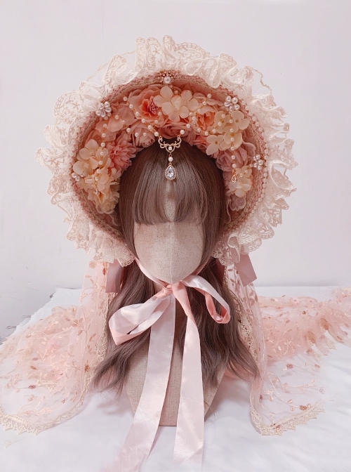 Spring Gift Box Series Handmade Flower Wedding Gorgeous Tea Party Pearl Flower Lace Decoration Ribbon Veil Classic Lolita Hat  |  Lolita Headbands