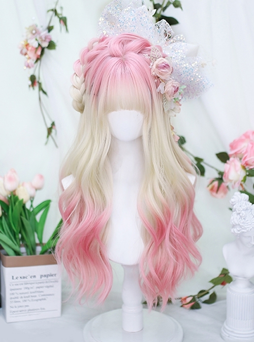 Spring Peach Series Soft Girl Pink Air Bangs Natural Long Curly Hair Sweet Lolita Wig  |  Wigs