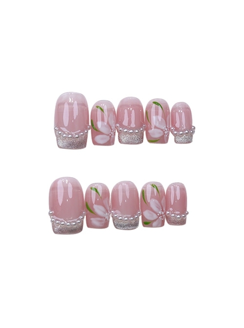 Spring Pink Hand-Painted Flowers Cat’S Eye Pearl Decoration Detachable Finished Short Manicure Nail Pieces  |  Nails