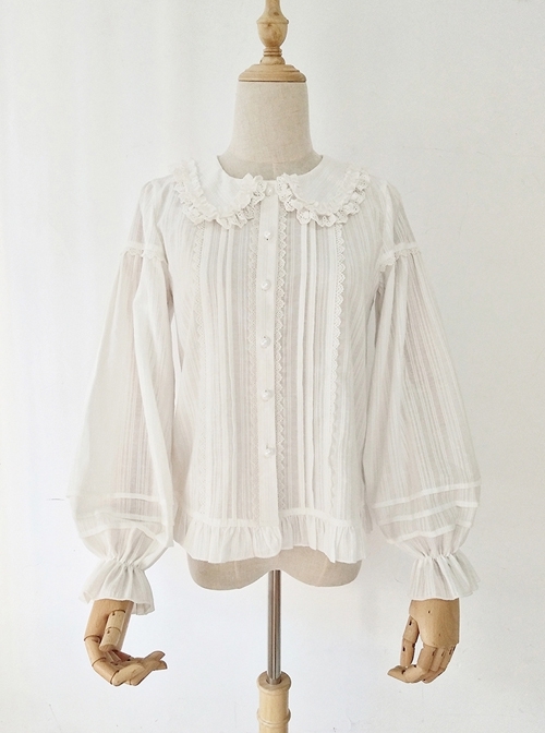 Spring Summer Pure Color Lace Doll Collar Ruffled All-Match Classic Lolita Long-Sleeved Shirt  |  Blouses