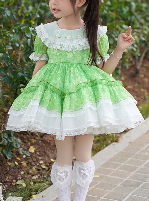 Spring Summer Round Neck Green Fresh Floral Lace Decoration Sweet Lolita Kids Short-Sleeved Dress  |  Kids Dresses