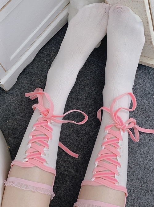 Spring Summer Slightly Transparent Contrasting Colors Lace Tie Bowknot Fashion Sweet Lolita Mid Calf Socks  |  Lolita Socks