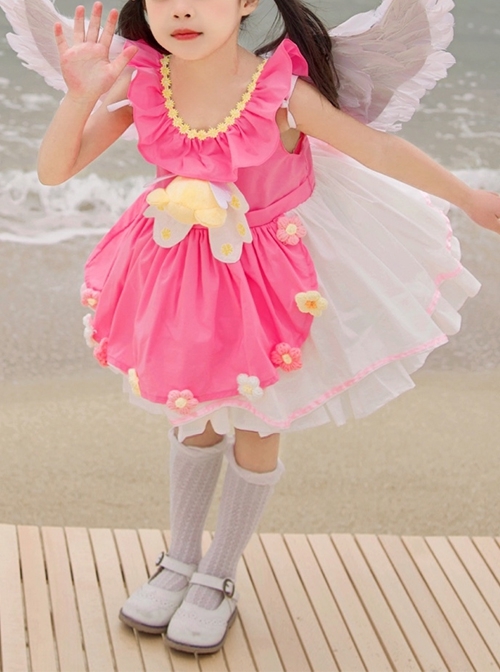 Spring Summer Variety Sakura Cute Three Dimensional Doll Flower Decoration Cosplay Princess Sweet Lolita Kids Sleeveless Dress  |  Kids Dresses