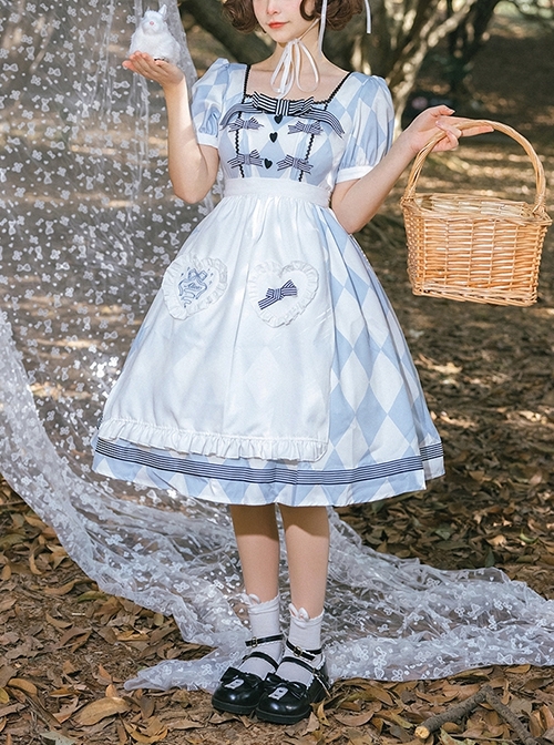 Square Neck Striped Bow Puff Sleeves Check Print Heart Embellished Bib Classic Lolita Short Sleeve Dress  |  Classic Lolita Dresses