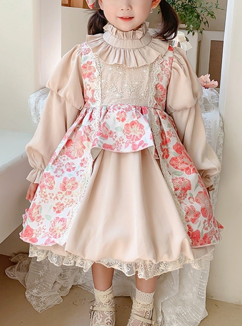 Stand Collar Spring Autumn Flower Print Court Style Puff Sleeves Big Bow-Knot Sweet Lolita Kids Long-Sleeved Dress  |  Kids Dresses