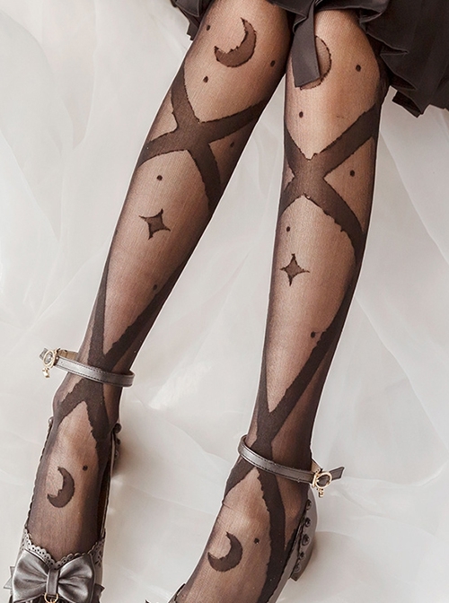 Star Moon Interweaving Series Pure Color Star Moon Printing Thin Daily All-Match Classic Lolita Long Socks  |  Lolita Socks