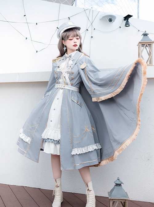 Star Ocean Fantasy Series Light Blue Elegant Military Style Cloak Classic Lolita White Belt Lace Ruffles Middle Long Dress Set  |  Classic Lolita Dresses