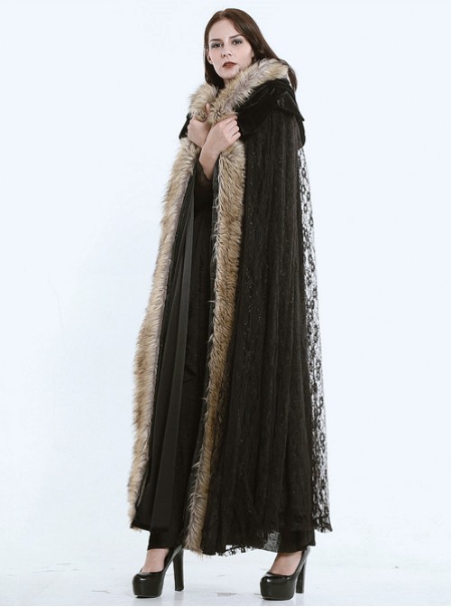 Steam Punk Gothic Dark Mystical Sacrifice Fur Collar Black Lace Long Cloak  |  Gothic & Punk Coats & Jackts