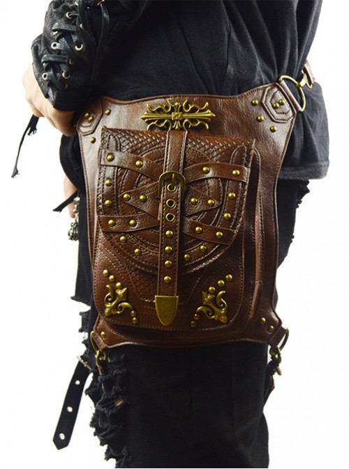 Steam Punk Rivet Dark Brown Multi-function Outdoors Inclined Shoulder Bag  |  Gothic & Punk Bags