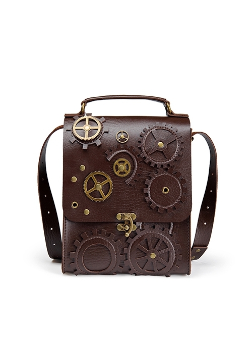 Steampunk Brown Vintage Gear Element Bronze Alloy High Capacity Multifunctional Flip Cover Shoulder Crossbody Handbag  |  Gothic & Punk Bags