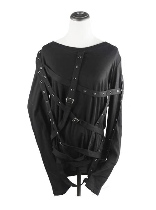 Steampunk Bundled Style Pure Black Round Collar Long Sleeve T-shirt  |  Gothic & Punk Tops