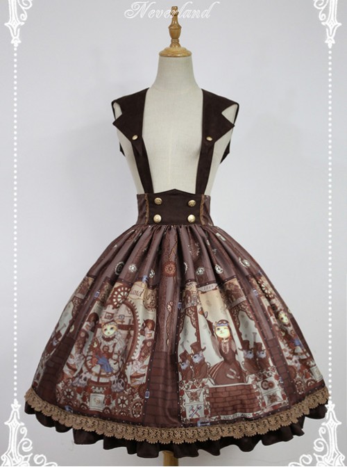 Steampunk Cat Series Cat Ears Collar Brown Punk Lolita Shoulder Straps Skirt  |  Skirts