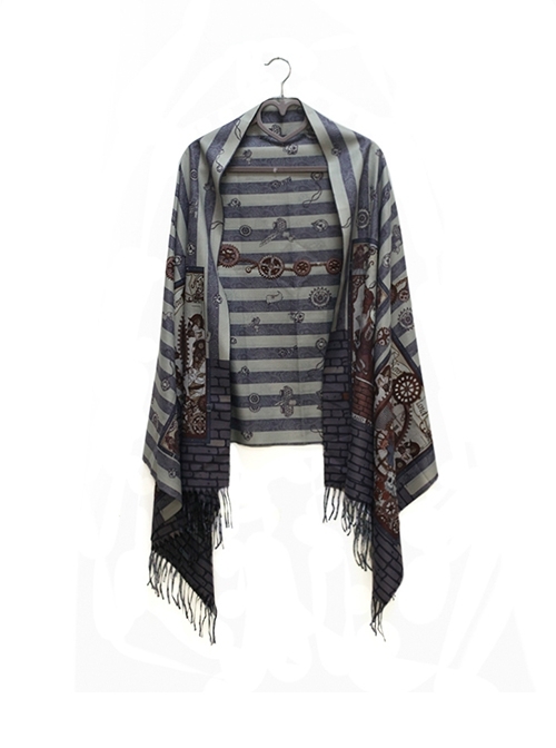 Steampunk Cat Series Gray Blue Stripe Metal Parts Gear Print Thin Imitation Cashmere Double Sides Scarf  |  Lolita Scarves