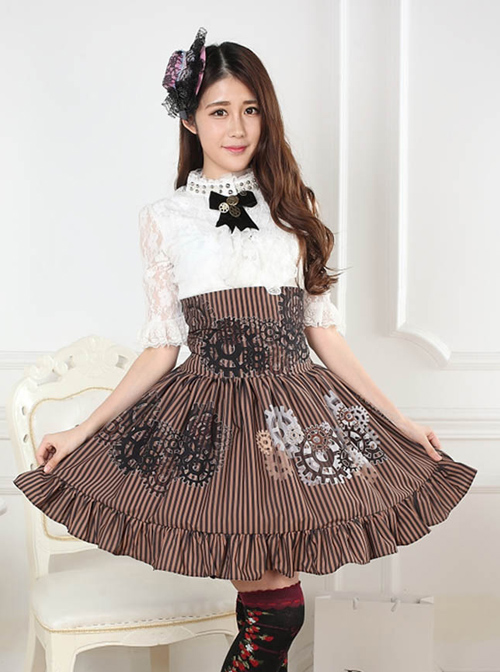 Steampunk High Waist Gear Pattern Ruffles Lolita Skirt  |  Skirts