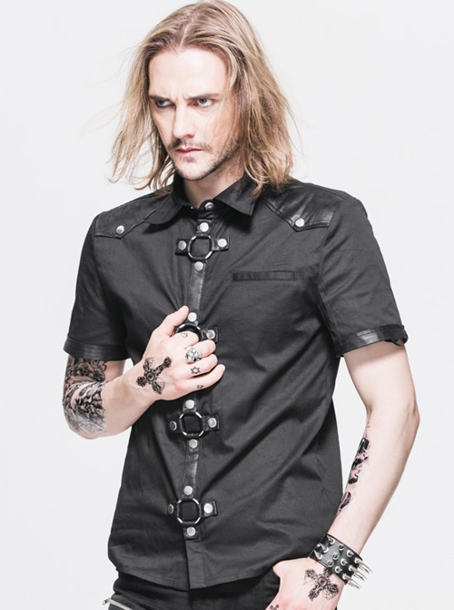 Steampunk Visual Gothic Men’ Black Slim Short Sleeve Shirt  |  Gothic & Punk Tops