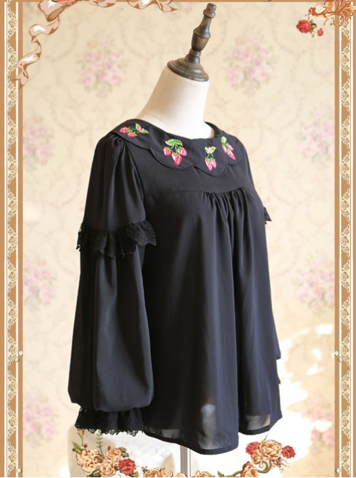 Strawberry Embroidery Series Double-sided Wear Black Chiffon Lolita Long Sleeve Shirt  |  Blouses